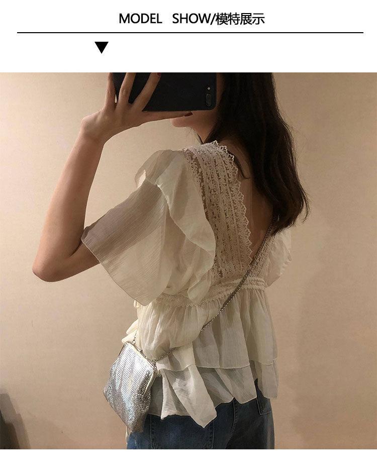 商品详情图_2024新款小仙女bi备荷叶边v领蕾丝上衣宽松短
