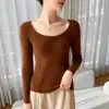 Suéter premium de cashmere puro sem costura para mulheres, gola U, canelado, corte justo, gola redonda baixa, camada base tricotada