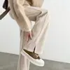 Pantalones de Pierna Ancha con Forro de Polar de Espiga para Mujer, Nuevo Estilo Otoño/Invierno 2025, Pantalones de Lana con Abertura, Pantalones Banana de Lana de Ajuste Delgado Rectos