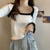 Otoño 2024 nuevo para mujer, temperamento francés, manga larga, combinación de colores, cuello halter, cuello cuadrado, versátil, camiseta ajustada, suéter de lana