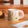 Taza de Cerámica con Mango Floral Estilo Japonés Pastoral Taza de Café con Flor de Dibujos Animados y Platillo Set de Taza con Animal Lindo