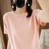 Camiseta de punto de manga corta de algodón puro de estilo nuevo de verano transfronteriza para mujer, jersey de cuello redondo, top holgado de manga corta con forma de diamante, 100% algodón