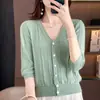Nuevo estilo de verano cárdigan de punto de algodón puro con rayas verticales, mangas tres cuartos, chaqueta de color liso con cuello en V estilo coreano, top hueco de color liso para mujer