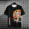 Moda Transfronteiriça Tendência Estilo Japonês Manga Curta Masculina Impressão Digital 3D Gato Samurai Gráfico Camiseta Venda Direta da Fábrica