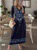 Vestido de Moda Femenina Primavera 2024 Amazon Transfronterizo Estampado de Manga Larga con Cuello en V