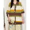 Camiseta de Punto con Rayas Retro, Patchwork y Calados, Manga Corta, Unisex, Moderna, Holgada, Casual, Chaqueta/Top de Pareja