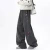 Calça de moletom curva bordada estilo americano preta e cinza para homens, calça tie-dye pesada para outono e inverno, calça esportiva casual de perna reta inclinada