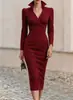 2026 Nuevo Estilo Cuello Alto Cuello en V Manga Larga Cintura Ceñida Temperamento Ceñido a la Cadera Falda de Longitud Media Vestido Formal Ajustado para el Viaje al Trabajo