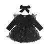 Vestido Romper de Tela de Punto Nueva para Bebé Niña Otoño Invierno con Parches de Malla de Mariposa de Tejido de Punto Color Sólido Manga Larga con Fruncidos de Encaje