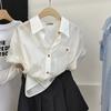 Camisa Azul Feminina de Manga Curta Verão Fino Casual Solto Simples Camisa Branca Design Estilo Coreano Camisa Top