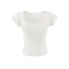 Top de Verano Elegante Juvenil con Escote Corazón Retro Europeo y Americano, Mangas Cortas con Volantes de Doble Capa, Cintura Ajustada, Camiseta Estilo Chica Picante para Mujer