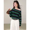 Top de punto a rayas estilo coreano, hombros descubiertos, manga larga, para mujer, nuevo en Otoño 2026, bonito, reduce la edad