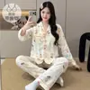 Pijama feminino plus size para primavera e outono, com bojo, estampa fofa de nuvem de desenho animado, algodão, manga longa, modelagem solta, conjunto de roupa de casa tamanho grande