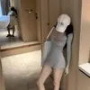 Mono de Pierna Corta con Mangas Largas Estilo Hot Girl Americano para Mujer Otoño e Invierno 2025 Nuevo Estilo Cintura Alta Efecto Adelgazante Mono Casual de Shorts