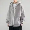 Suéter com Capuz Masculino Outono e Inverno Cardigã com Zíper tamanho grande Cor Sólida Solto Moletom Fashionável com forro de fleece Jaqueta Quente