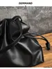 Bolsas: Design Coreano de Nicho, Bolsa Feminina de Couro Genuíno, Bolsa Plissada, Bolsa de Ombro em Couro Bovino, Bolsa Tote de Grande Capacidade com Cordão