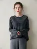 Camiseta Base de Cachemir de Hilo Fino a Rayas de Longitud Media para Mujer, Suéter Jersey de Cachemir Elegante con Cuello Redondo para Otoño e Invierno, Regular