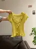 Conjunto de Verão Estilo Coreano de Alta Qualidade com Decote em V, Babados e Acabamento de Orelha de Madeira, Top de Tricô de Manga Curta para Mulheres, Camiseta Top que Realça o Ambiente e Emagrece, Pure Desire