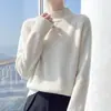 Suéter de lana 100% pura con cuello alto medio para mujer, en un suave color rosa, de corte holgado, diseño sencillo, adecuado para el uso diario y se puede usar como capa interior