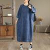 Vestido de Mezclilla Retro de Manga Larga Otoño Nuevo Literario Talla Grande Holgado Casual para Mujer Adelgazante Falda Larga