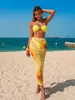 2026 Europeu e Americano Novo Sexy Cor Pura Feminino Saia Longa Biquíni de Três Peças Praia Feminino Roupa de Banho Bikini Transfronteiriça