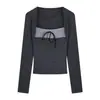 Camiseta de manga larga para mujer, estilo coreano, cuello cuadrado, con corbata al frente, ajuste ceñido, adecuada para primavera y otoño, una prenda básica de moda