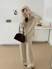 Nuevo Estilo Otoño/Invierno 2026 Conjunto Casual de Dos Piezas de Punto para Mujer con Cárdigan con Capucha y Cremallera con Cuello de Piel + Pantalones de Pierna Ancha de Cintura Alta
