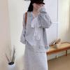Conjunto de Dos Piezas de Punto con Encaje y Cuello en V Estilo Suave para Mujer en Otoño e Invierno Conjunto de Punto Estilo Holgado Perezoso