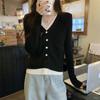Cardigan de malha fino falso de duas peças com decote em V e mangas compridas para mulheres, design de outono, nicho, solto, único, chique, top