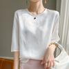 Top de satén de moda para mujer con cuello redondo y manga de tres cuartos 2026 Primavera/Verano Camiseta de manga corta Holgado Versátil Top de manga media Camiseta sin mangas
