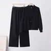 Cardigan de Tricô Casual Simples Estilo Coreano com Zíper Duplo Feminino Novo Outono/Inverno 2026 Conjunto de Tricô Duas Peças com Gola Alta Feminino