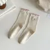 Meias de Cor Sólida para Primavera e Outono Meias de Comprimento Médio para Crianças Algodão Meias Felpudas de Outono e Inverno Meias de Lã Fina Meias com Laço de Renda