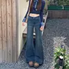 Calça Jeans Flare Azul Escuro para Mulheres, Novo Estilo Retro Americano, Não Elástica, Calça Bootcut Elástica, Comprimento Normal e Estendido