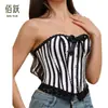 Cinturilla de corte fruncido estilo retro a rayas sin tirantes moldeador corporal control de abdomen corsé de cordones ajustados sujetador con varillas