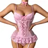 Body de encaje floral moldeador europeo y americano sin espalda transparente sexy mono lencería listo para usar talla grande camisón sexy