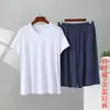 Pijama de Modal com Decote V para Homens, Manga Curta, Calça Curta, Fino, Solto, Tamanho Grande, Roupa Esportiva, Roupa de Casa, Conjunto de Duas Peças