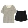 Pijama de Algodón Puro para Mujer Verano Cuello Redondo Manga Corta Shorts Rayados Casuales Estilo Delgado Holgado Cómodo Estudiante Se Puede Usar Fuera de Casa Ropa para el Hogar