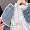 Ropa para niños al por mayor traje de niña primavera y otoño nuevo abrigo de mezclilla para niños con vestido de pastel floral conjunto de dos piezas
