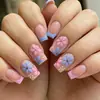 24 piezas de uñas cuadradas cortas color azul fresco y rosa con bloques de color estilo francés simple dulce flores pequeñas versátiles para el día a día