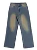 Jeans Largo Vintage Azul Desgastado Tl702, Calça Reta de Cintura Alta, Estilo Preguiçoso Emagrecedor Comprimento Total em Sarja