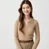 Novedad Otoño 2026 Suéter de Punto Fino para Mujer con Rayas, Cuello Polo de Cachemira, Ajuste Ceñido, Manga Larga, Capa Base