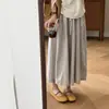 Saia de Cintura Elástica Estilo Coreano Estilo Preguiçoso Algodão Listras Verticais Cordão Primavera e Verão Bege Cinza Listras Azuis