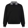 Sudadera ARES para Hombre con Cuello Polo de Retazos a Cuadros, Falso Dos Piezas, Cuello en V, Estilo Americano, Holgada, Casual, Manga Larga para Primavera y Otoño