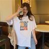Algodão Verão Comprimento Médio Manga Curta Camiseta Feminina Dividida Estampada Casual All-match Tamanho Grande Solto Mulheres Top