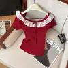 Novo Estilo de Verão 2026, Design Elegante e Doce, Tricô com Laço de Renda Ajustado ao Corpo, Blusa Feminina de Manga Curta