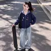 Conjunto de Dos Piezas para Niña Primavera y Otoño Vintage Bloques de Color Cuadros Sudadera con Capucha y Jeans con Lazo