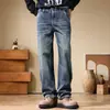 Ropa Popular para Hombre / Jeans Retro de Trabajo para Hombre, Pantalones Rectos de Tela Pesada, Sueltos, con Parches, Pantalones Largos de Marca de Moda, Corte Recto Adelgazante