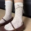 Calcetines Lolita Delgados con Lazo hasta Media Pantorrilla Primavera y Verano Lazo Lateral Recorte de Corazón Malla Crema Pila