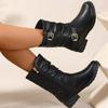 Comercio Exterior Estilo Europeo y Americano Talla Grande Botas Vaqueras Occidentales de Media Pantorrilla para Mujer Nueva Moda Cadena Remache Tacón Grueso Botas de Jinete Deseo