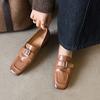 Mocasines de piel de vaca de capa superior lavada suave con hebilla cuadrada para commuter 2025 Primavera Tacón medio grueso Cabeza cuadrada Cuero Boca profunda Zapatos de una capa para mujer
